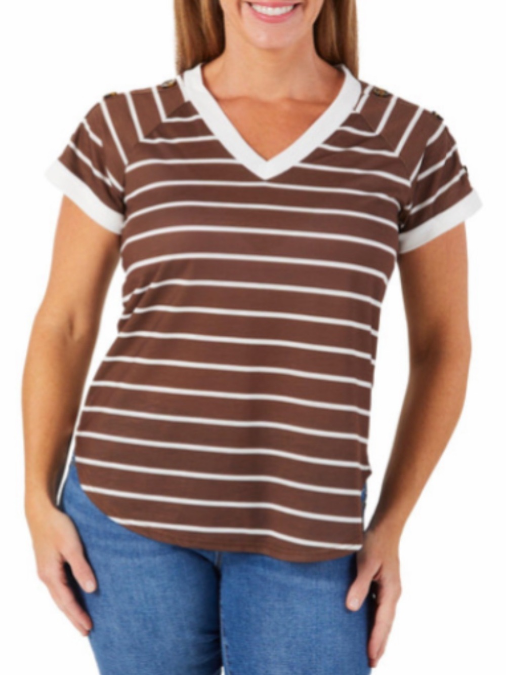 NWT Good Days Only Striped V-Neck Top Brown & White Medium